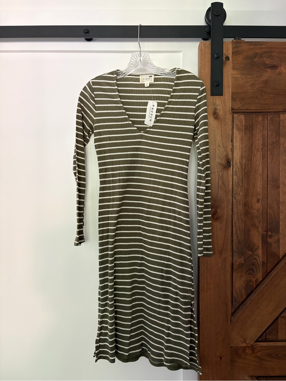 la hearts olive green and white ribbed striped dress